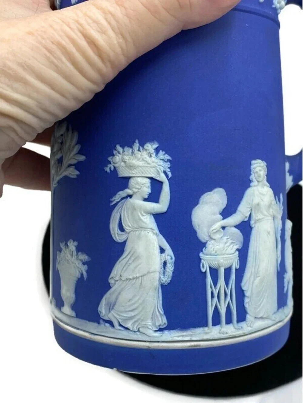 Wedgwood Blue Etruscan Jasperware Syrup Jug Pitcher W/ Lid